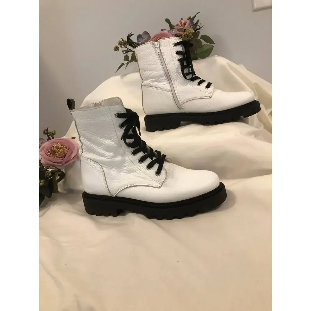 Steve Madden Combat Boots Women Size 9.5 White Black Lace Up Chunky Sole Zipper‎